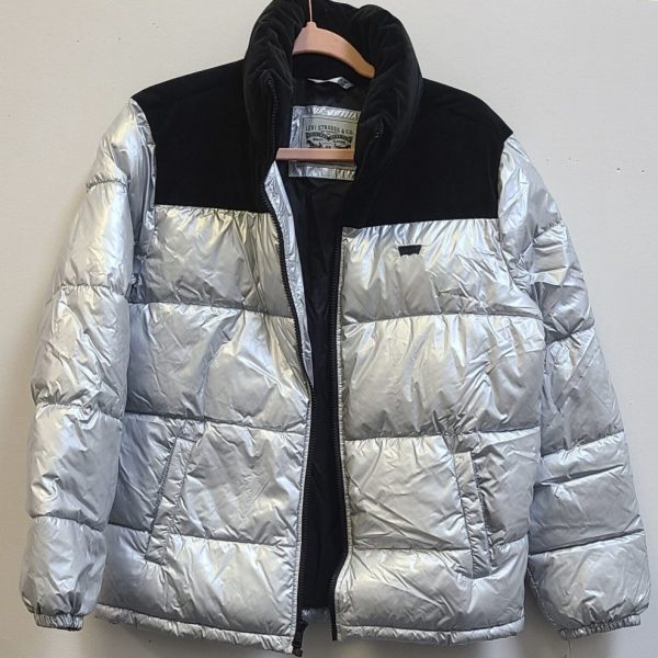 LEVI STRAUSS Zoe Bubble Silver Shell / Black Velvet Puffer Jacket  COAT M (908)