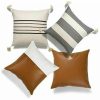 HOFDECO-Set-of-4-Camel-Gray-Stripes-Tassel-COTTON-FAUX-LEATHER-Pillow-Covers-203587809257